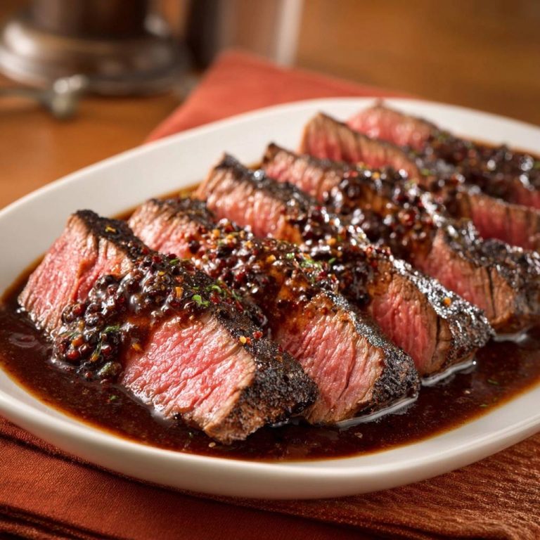 Saftiges Pfeffer-Rinderfilet angeschnitten mit einer dunklen Sauce und Pfefferkörnern in Nahaufnahme