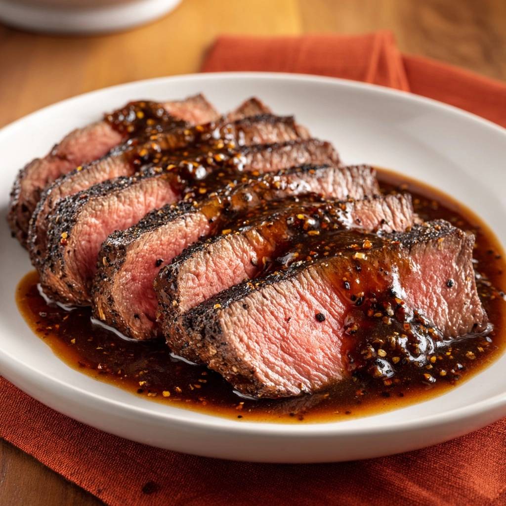 Saftiges Pfeffer-Rinderfilet angeschnitten mit dunkler Pfeffersauce auf einem weißen Teller serviert