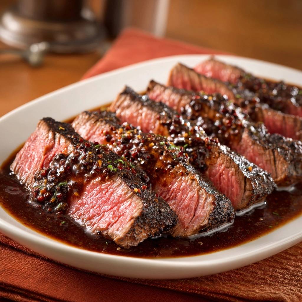 Saftiges Pfeffer-Rinderfilet angeschnitten mit einer dunklen Sauce und Pfefferkörnern in Nahaufnahme