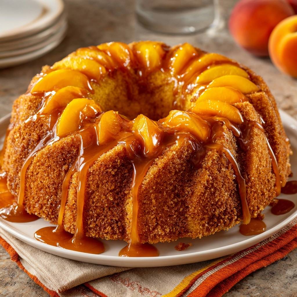 Pfirsich-Karamell-Gugelhupf, ein saftiger Kuchen, der mit Karamellsoße und Pfirsichstücken glasiert ist.