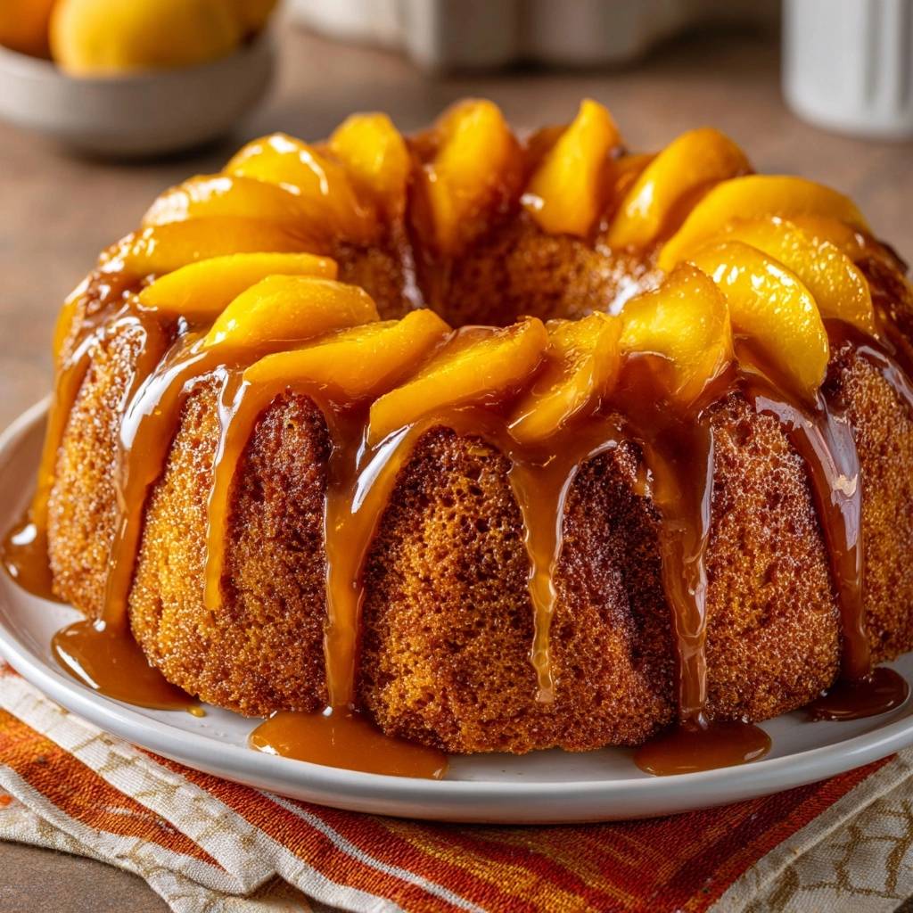 Pfirsich-Karamell-Gugelhupf mit glänzender Karamellglasur und saftigen Pfirsichspalten obendrauf, ein köstlicher Kuchen.