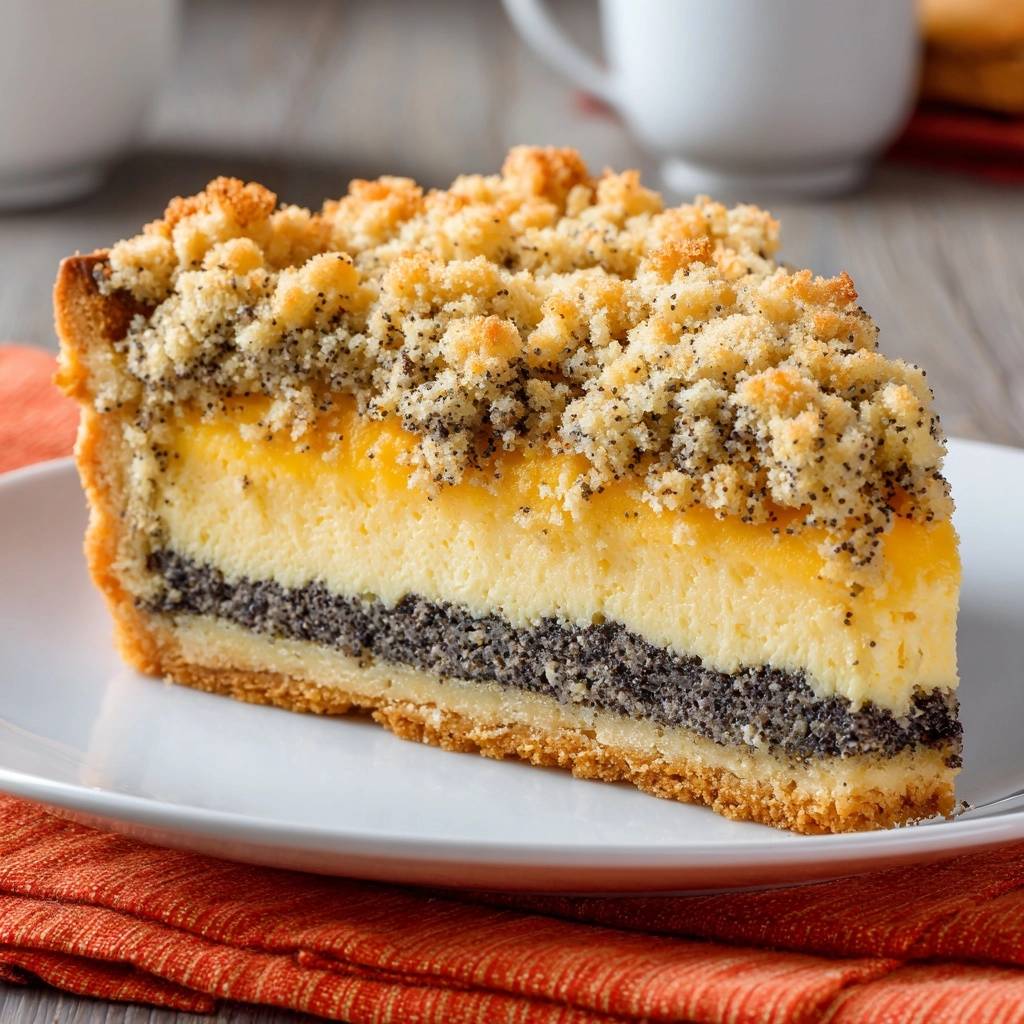 Pfirsich-Mohn-Quark-Streuselkuchen im Anschnitt mit den verschiedenen Schichten und Streuseln auf einer weißen Platte.