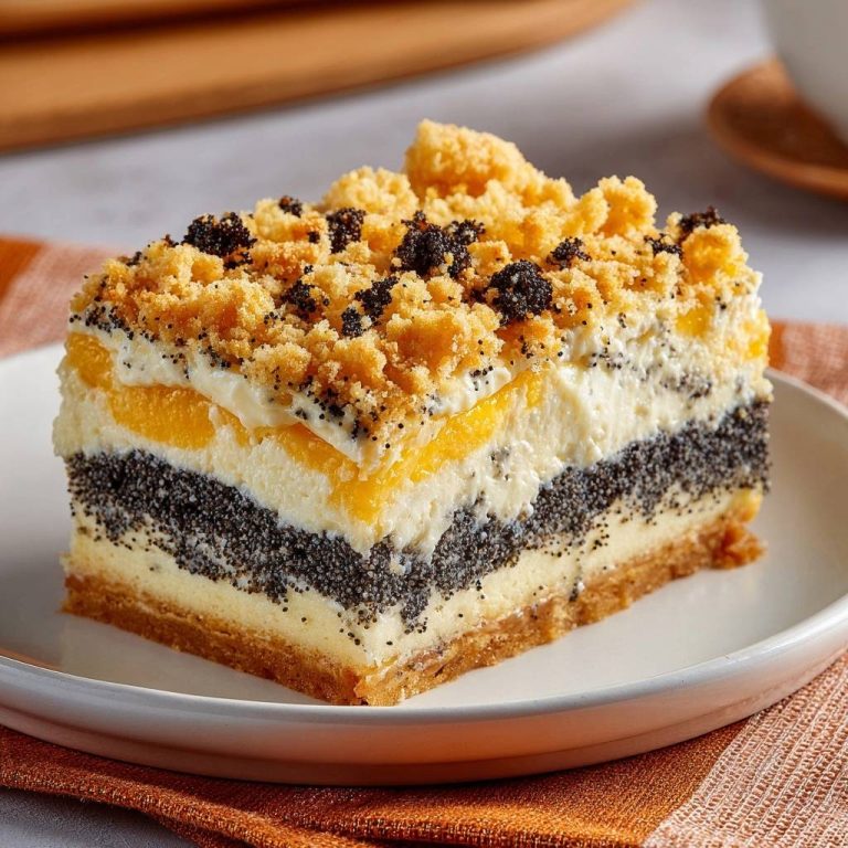 Pfirsich-Mohn-Quark-Streuselkuchen als Anschnitt auf einem Teller mit deutlich sichtbaren Schichten und Streuseln.