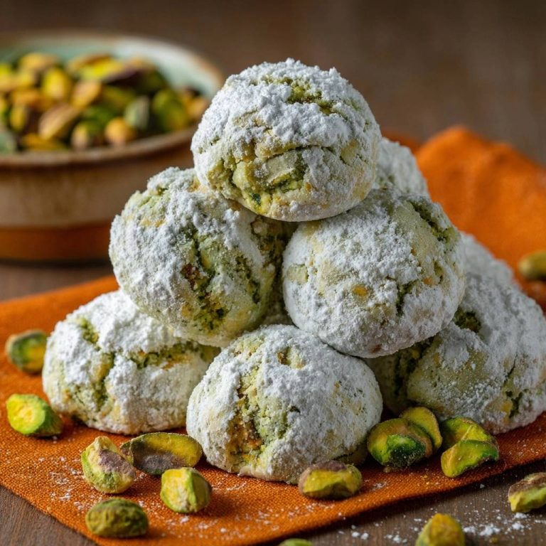 Pistazien-Schneekugeln, bestäubt mit Puderzucker, mit ganzen Pistazienstücken auf einem orangefarbenen Tuch.