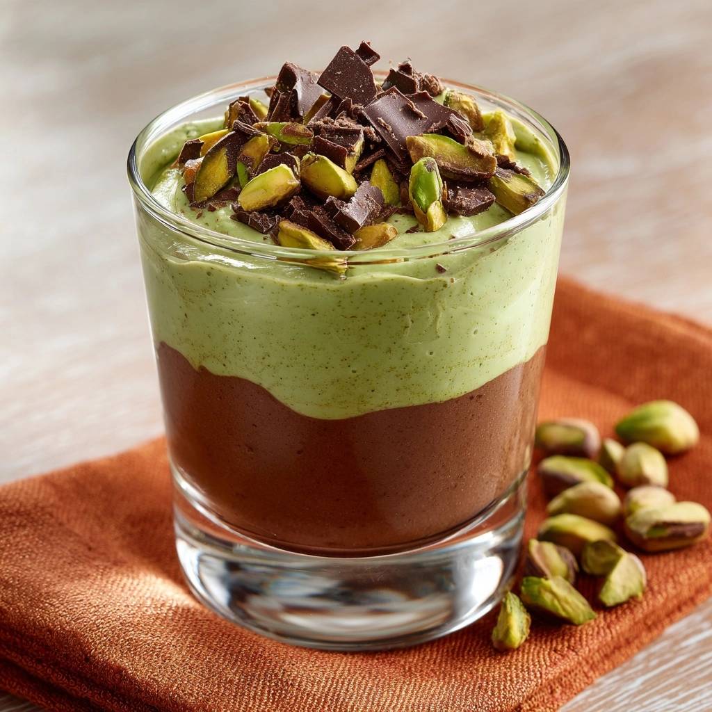 Pistazien-Schoko-Mousse-Parfait garniert mit gehackten Pistazien und Schokoladenstückchen in einem Glas