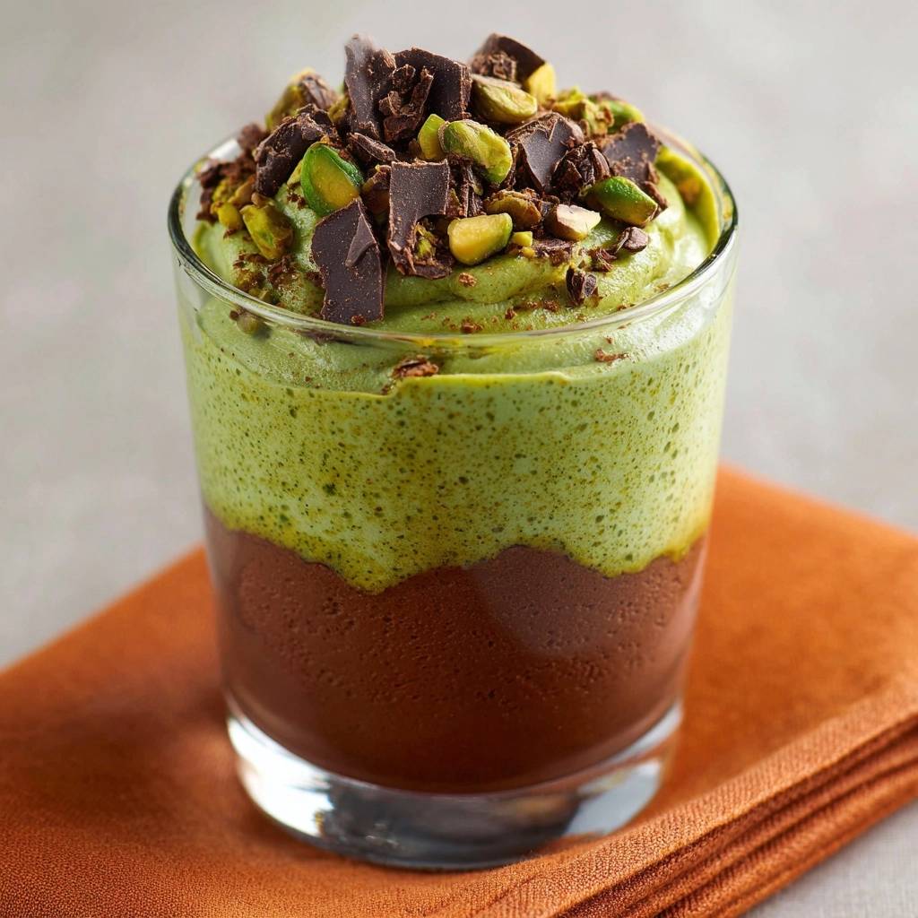 Pistazien-Schoko-Mousse-Parfait garniert mit Schokoladenstückchen und gehackten Pistazien in einem Glas