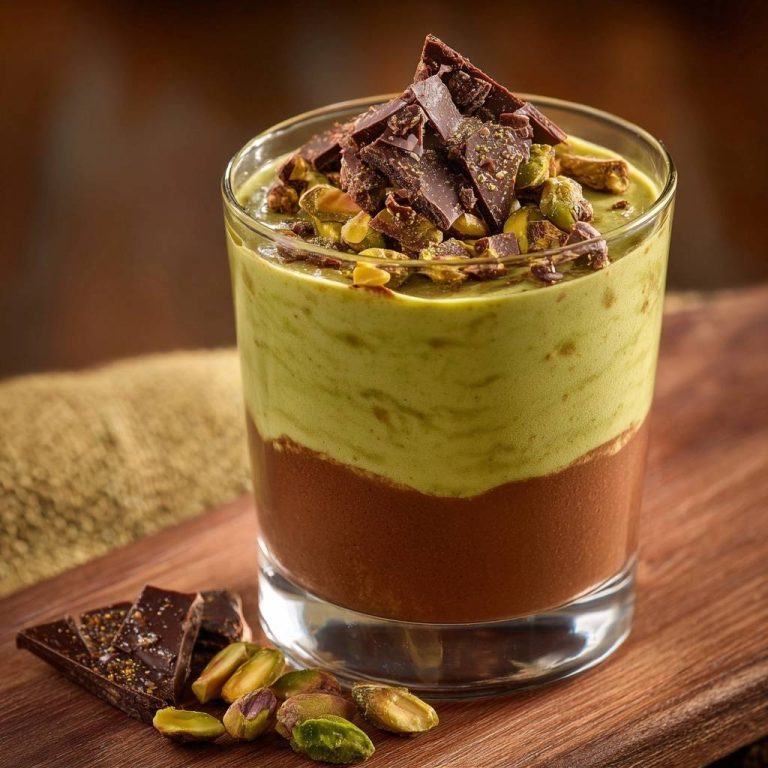 Pistazien-Schokoladen-Mousse im Glas, garniert mit Schokoladenstückchen und Pistazien, zeigt die cremige Textur.