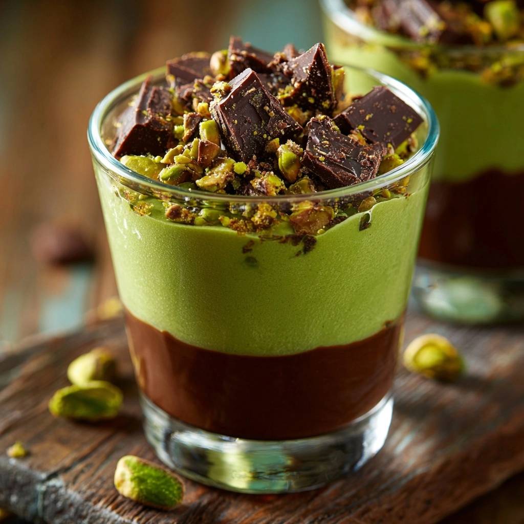 Pistazien-Schokoladen-Mousse im Glas, garniert mit Schokoladenstückchen und gehackten Pistazien, wird in einem Glas serviert.