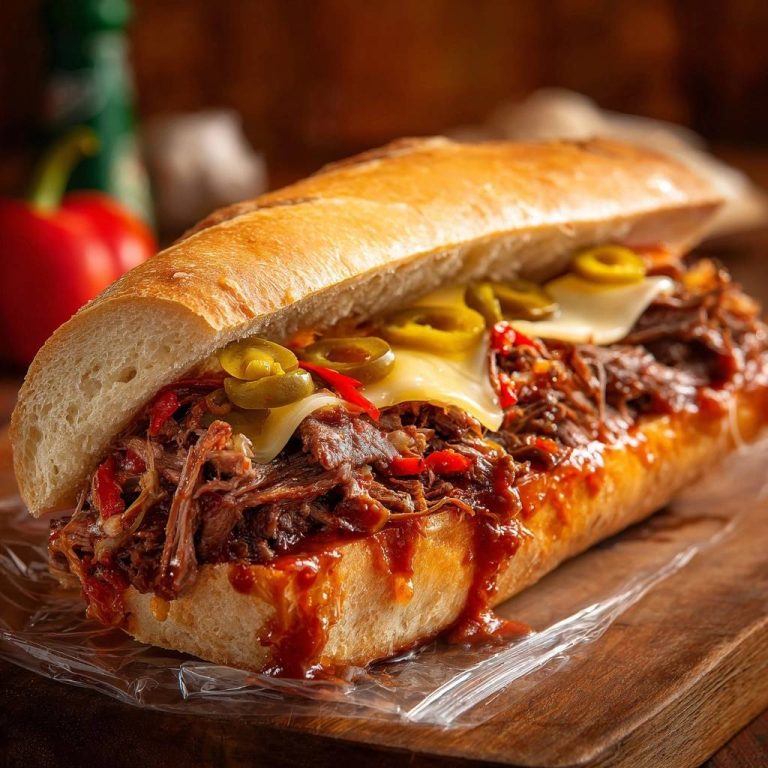Pulled Beef Baguette mit Jalapeños, eine Nahaufnahme des saftigen, scharfen Sandwiches mit geschmolzenem Käse und würziger Sauce.