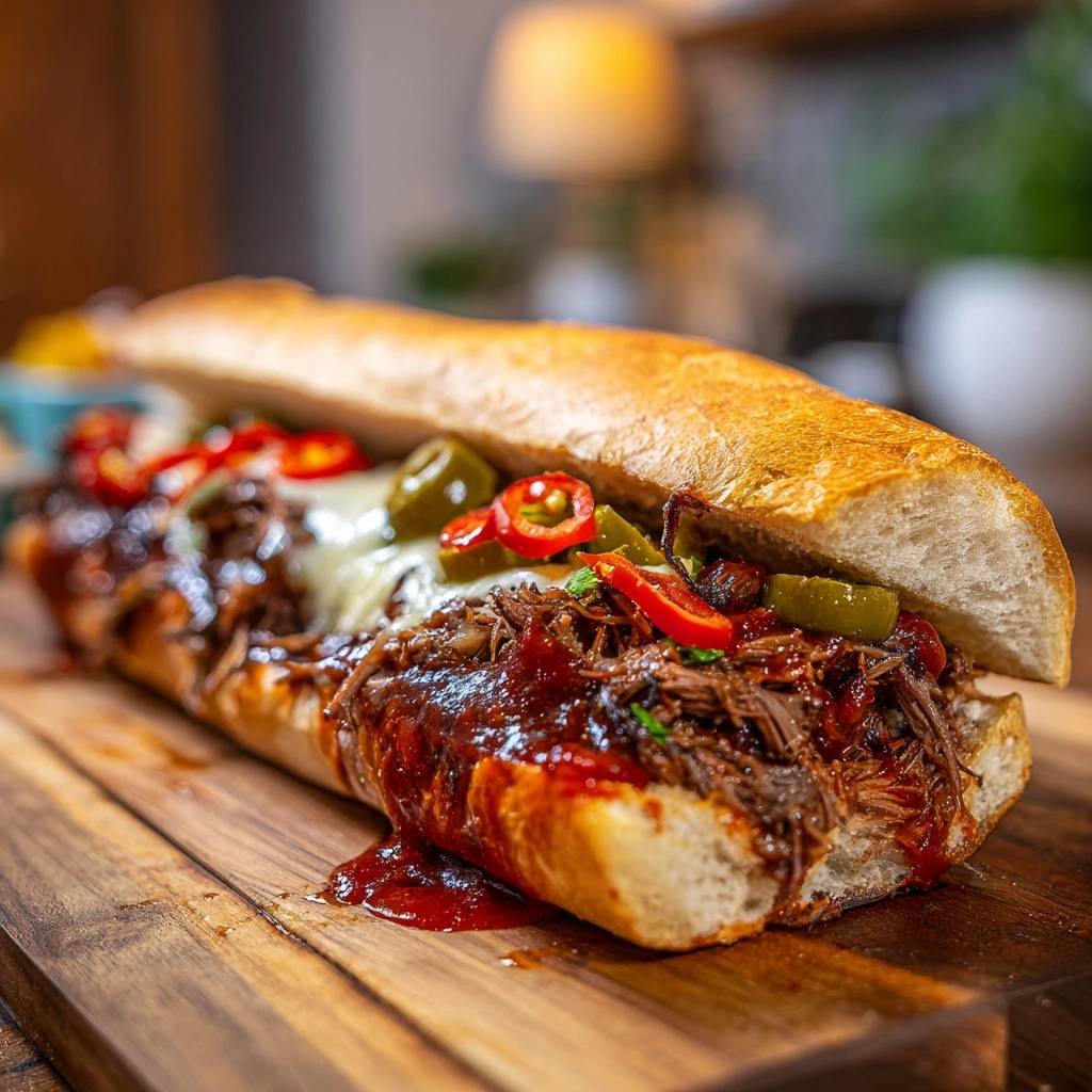 Pulled Beef Baguette mit Jalapeños, nahaufnahme des saftigen, scharfen Baguettes mit geschmolzenem Käse und Rindfleisch.