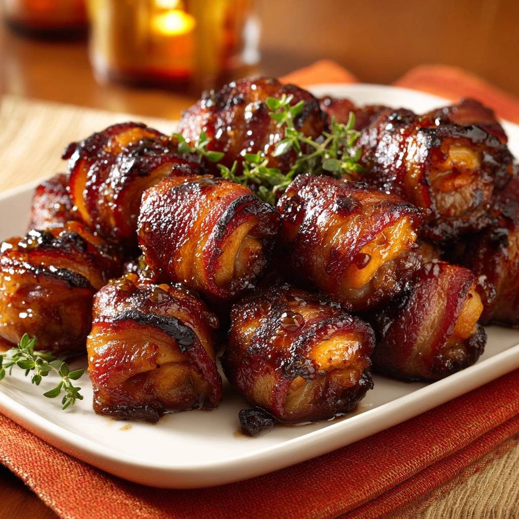 Putenbacon-gewickelte Hähnchen-Happen, nahaufnahme der glasierten und knusprigen Oberfläche mit frischen Kräutern.