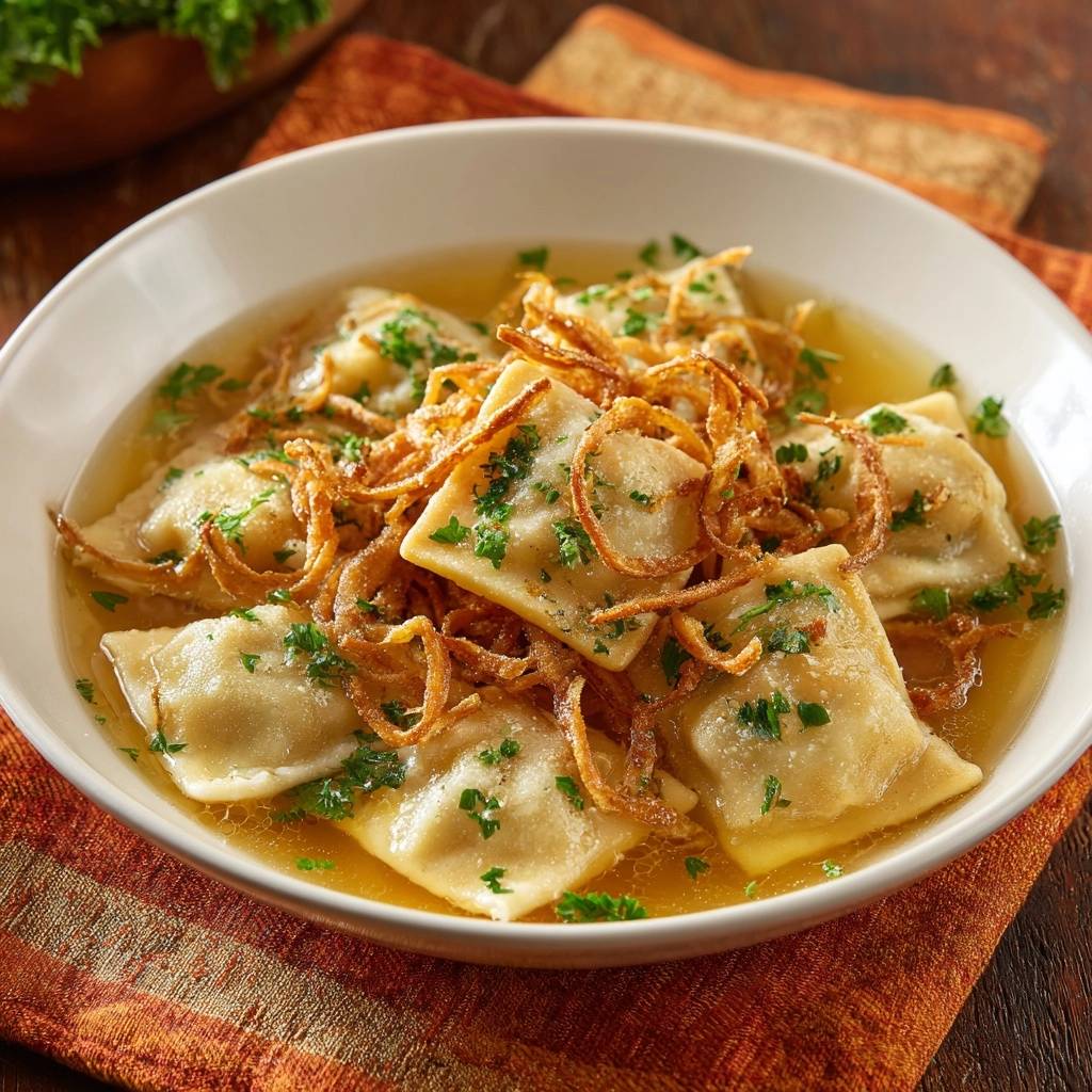 Ravioli in goldener Brühe mit knusprigen Zwiebeln, eine Nahaufnahme des Gerichts in einer weißen Schüssel, garniert mit Petersilie.
