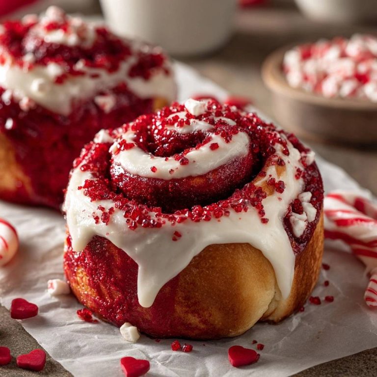 Red Velvet Zimtschnecken mit weißer Glasur und roten Zuckerstreuseln, detailreiche Nahaufnahme der Garnitur