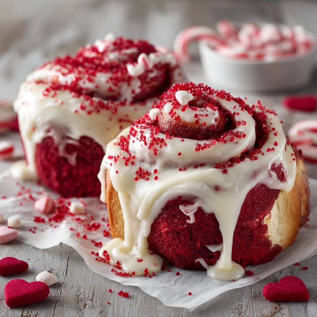 Red Velvet Zimtschnecken, nah aufgenommen und mit weißer Glasur und roten Streuseln garniert, auf einem Holztisch