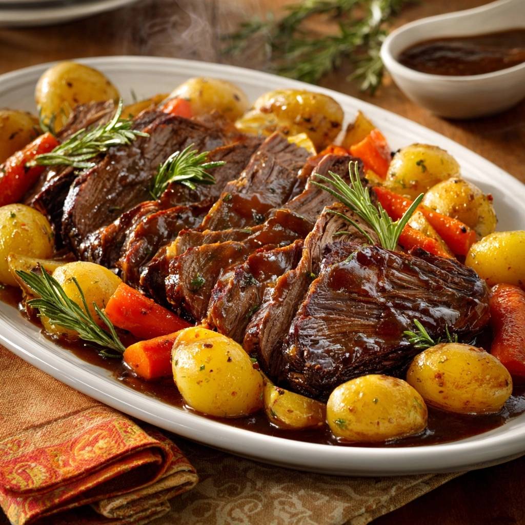 Saftiger Rindbraten mit Babykartoffeln und Karotten, auf einer Servierplatte angeschnitten und mit Rosmarin garniert.