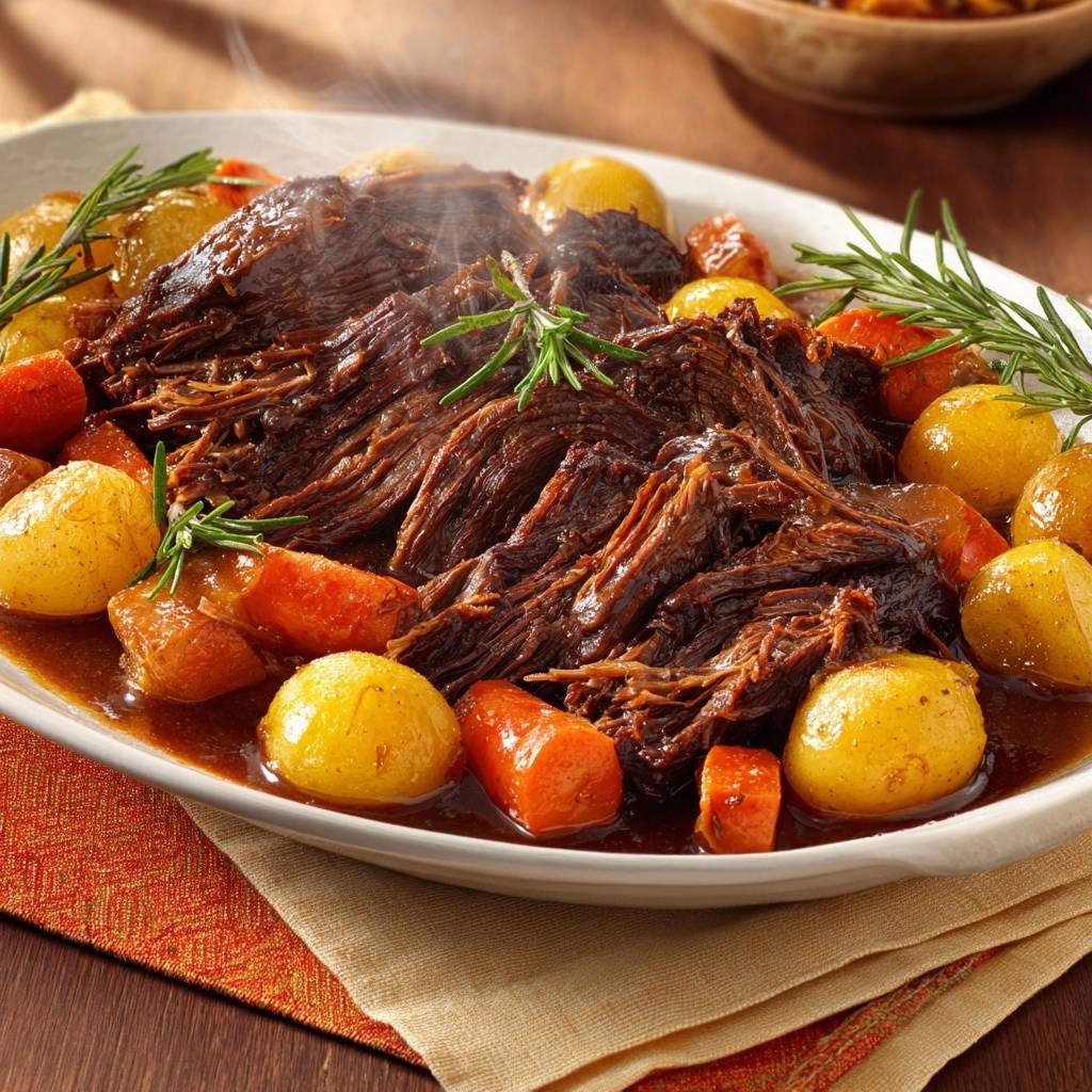 Saftiger Rindbraten mit Babykartoffeln und Karotten, garniert mit frischem Rosmarin und Dampf steigt auf.