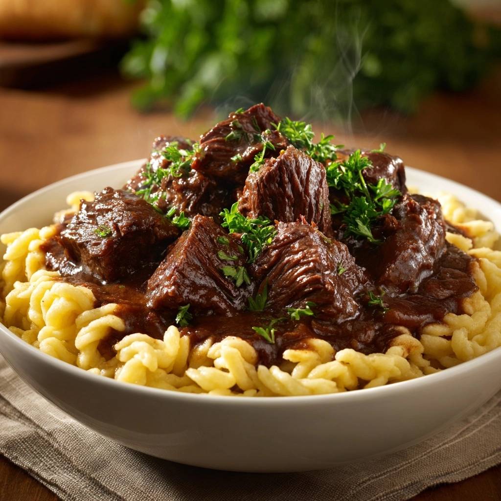 Saftiges Rindergulasch mit Spätzle, eine Portion dampfend serviert mit frischer Petersilie garniert.