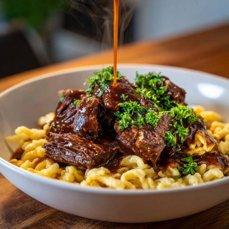 Saftiges Rindergulasch mit Spätzle, dem eine dunkle Sauce übergegossen wird, garniert mit Petersilie.