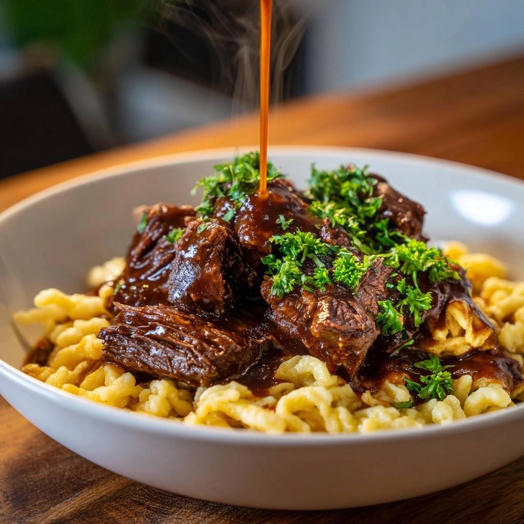 Saftiges Rindergulasch mit Spätzle, dem eine dunkle Sauce übergegossen wird, garniert mit Petersilie.