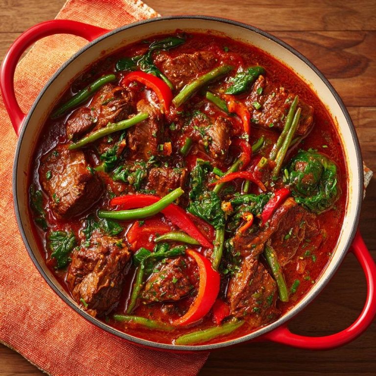 Rindfleisch-Eintopf mit Spinat, Bohnen und Paprika in einem roten Topf von oben fotografiert