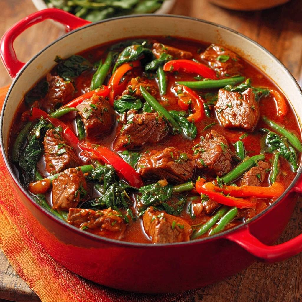 Rindfleisch-Eintopf mit Spinat, Bohnen & Paprika, eine Nahaufnahme des herzhaften Gerichts in einem roten Gusseisentopf.