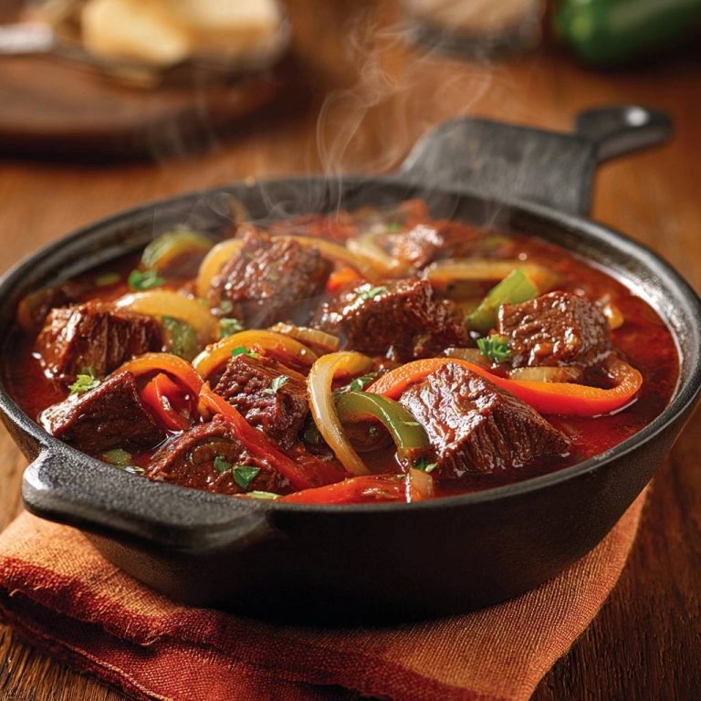 Saftiges Rindfleisch mit Paprika wird heiss in einer gusseisernen Pfanne mit aufsteigendem Dampf serviert.