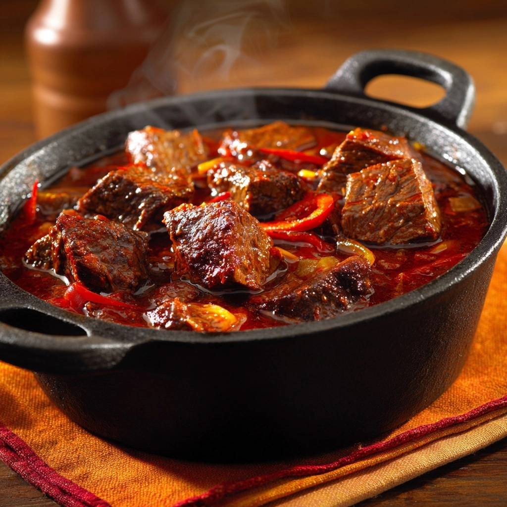 Saftiges Rindfleisch mit Paprika wird heiss in einem Gusseisentopf serviert, wobei Dampf aufsteigt.