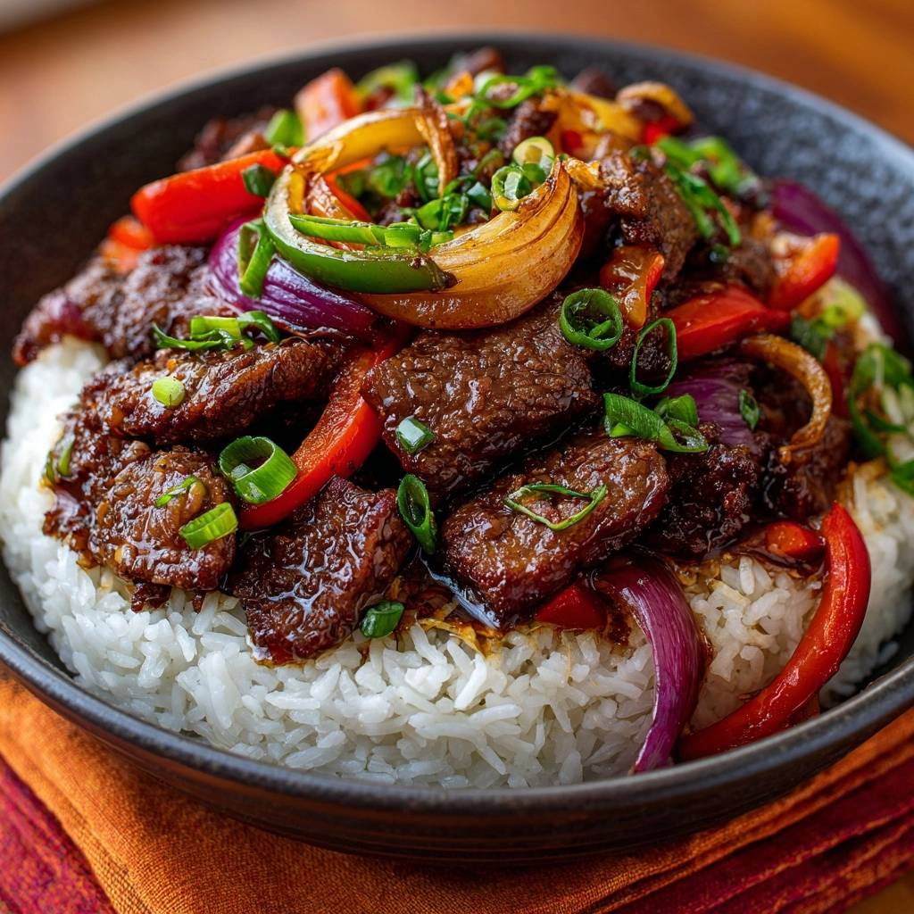 Saftiges Rindfleisch mit Paprika und Zwiebeln auf Reis, eine detailreiche Nahaufnahme der Textur und des Glases.