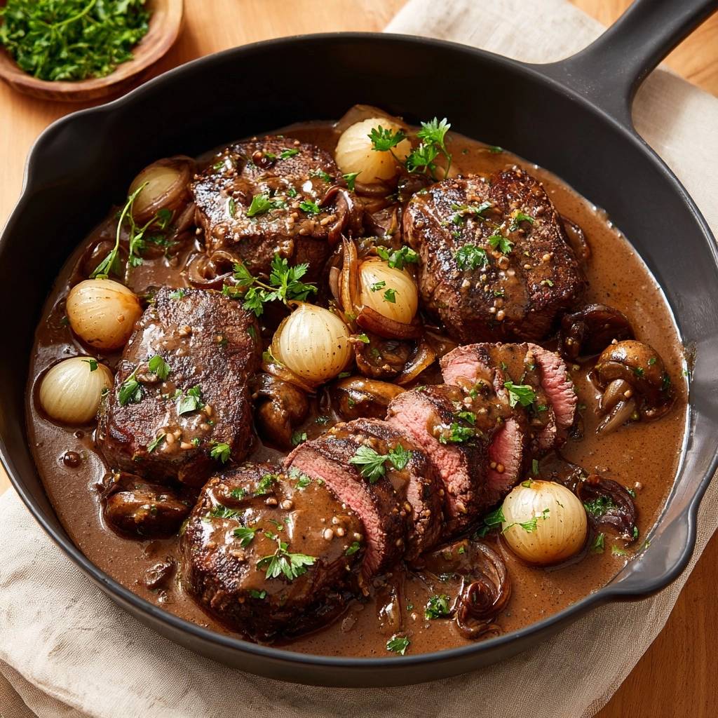 Saftiges Rindfleisch mit Perlzwiebeln und Pilzen, angeschnitten und in einer Pfanne mit Sauce serviert.