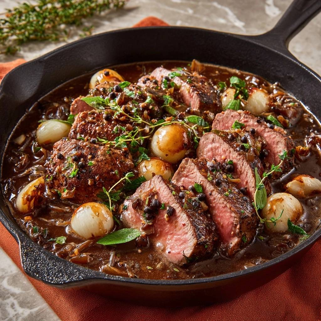 Saftiges Rindfleisch mit Pilzen und Perlzwiebeln, angeschnitten und in einer Gusseisenpfanne mit Sauce serviert