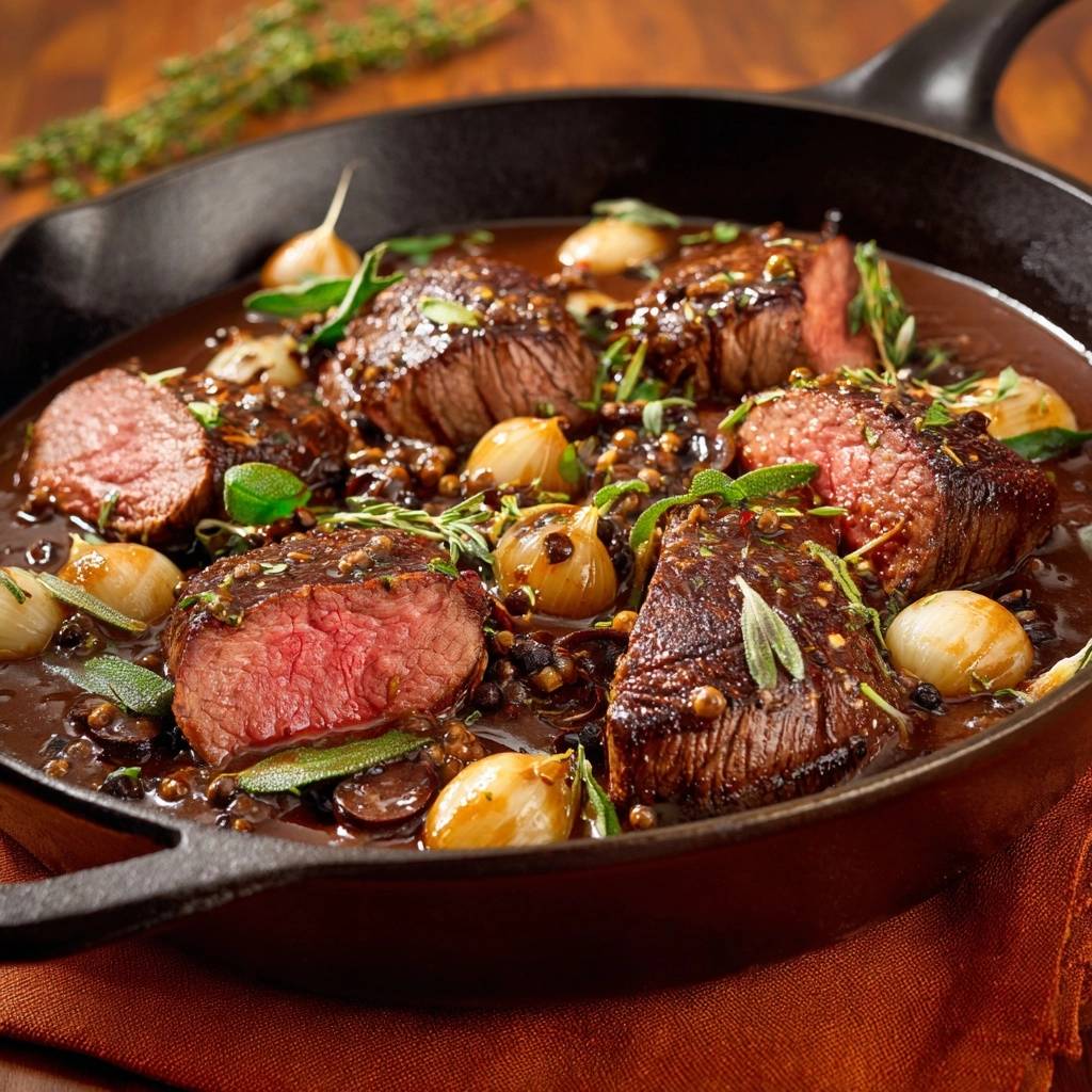 Saftiges Rindfleisch mit Pilzen und Perlzwiebeln, angeschnitten und in einer Pfanne mit Sauce serviert
