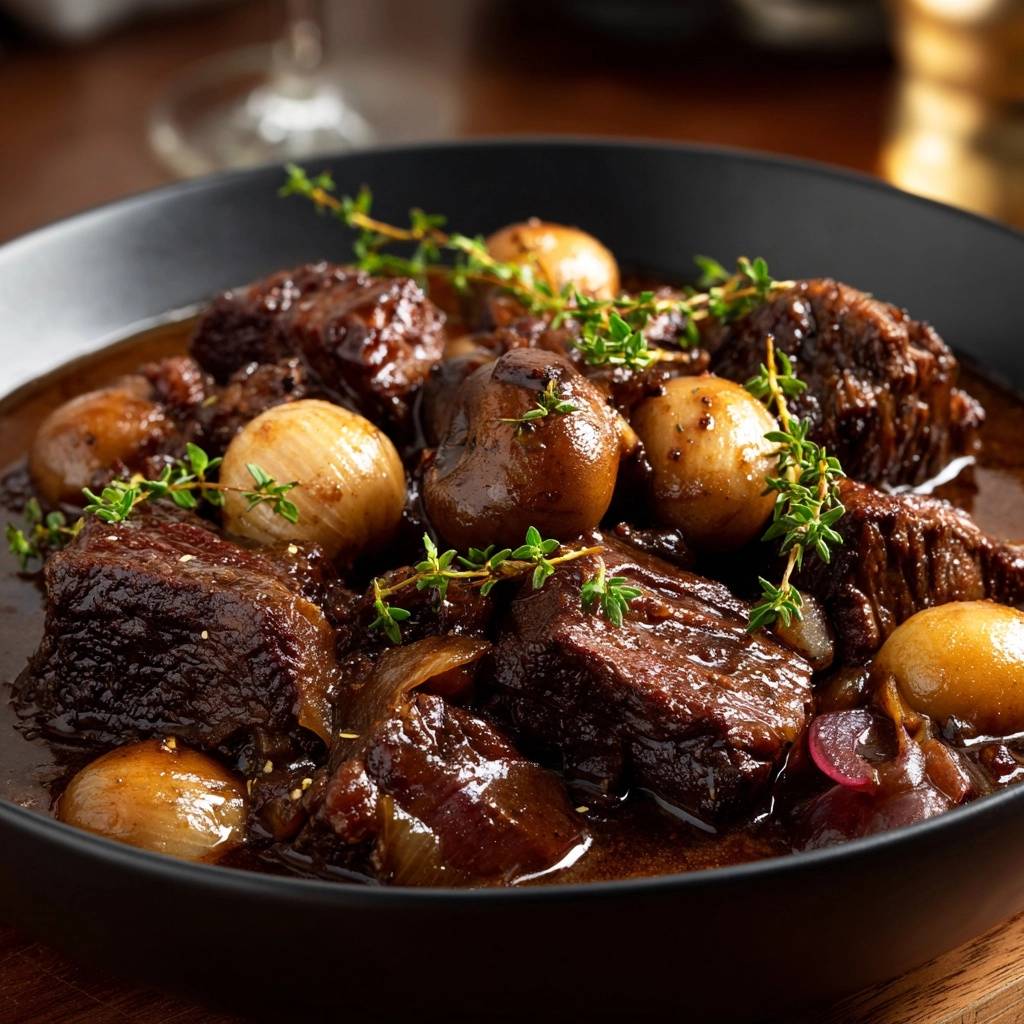 Zartes Rindfleisch mit Pilzen und Perlzwiebeln, eine Nahaufnahme vom reichhaltigen Eintopf in einer schwarzen Schüssel, garniert mit Thymian.
