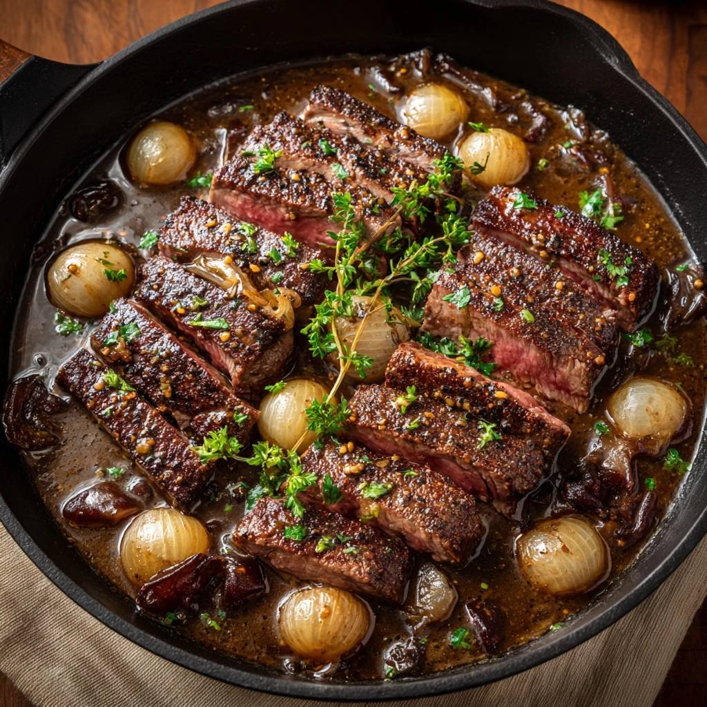 Saftiges Rindfleisch mit Perlzwiebeln und Pilzen, angeschnitten in einer Pfanne mit reichlich Sauce und frischen Kräutern garniert.