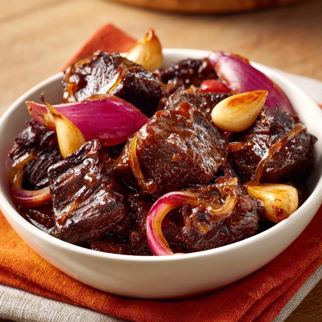 Zartes Rindfleischgulasch mit Rotzwiebeln und Knoblauch, serviert in einer weißen Schüssel auf einem orangefarbenen Tuch.