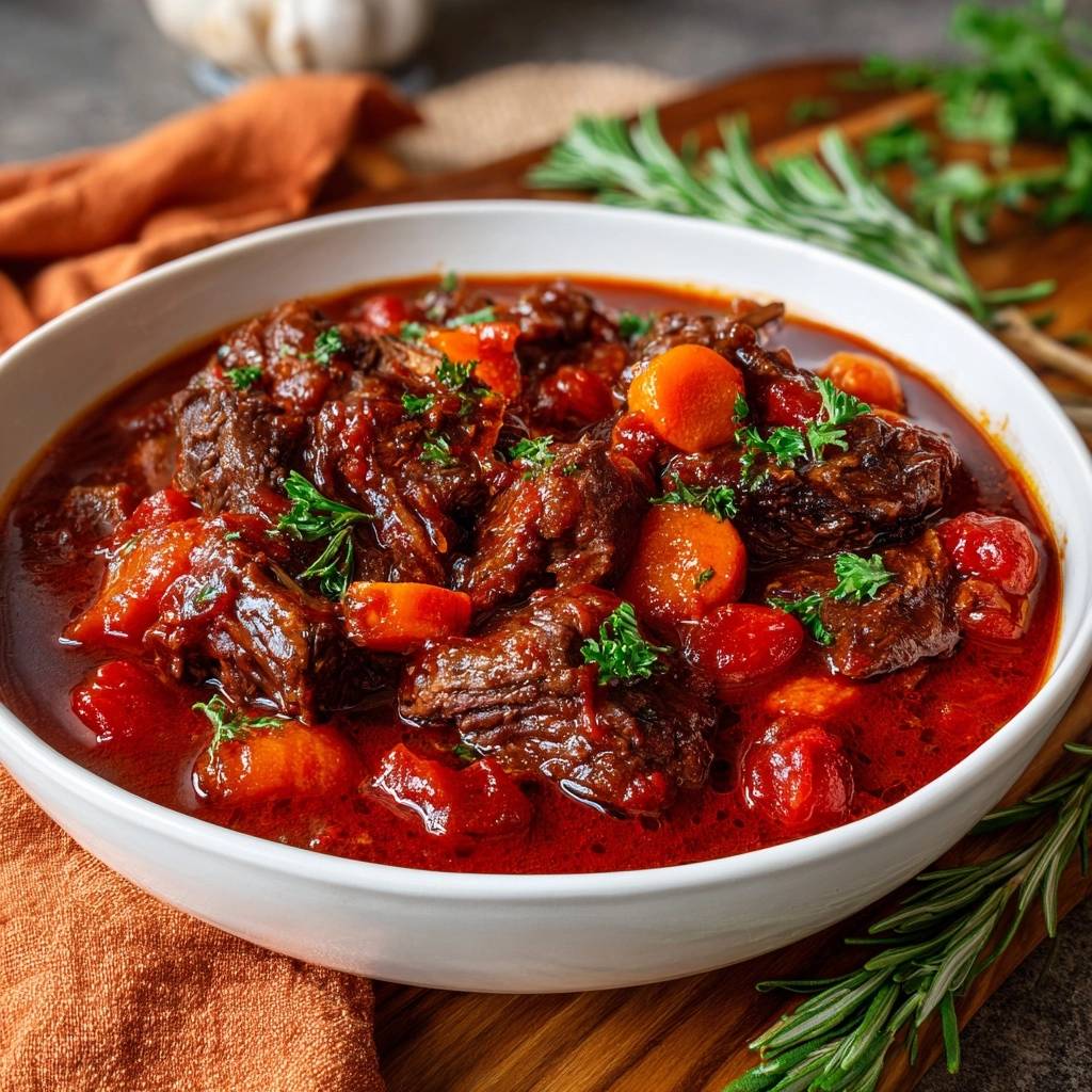 Zartes Rindfleischgulasch mit Karotten und Tomaten in einer Schüssel, Nahaufnahme mit frischer Petersilie garniert.