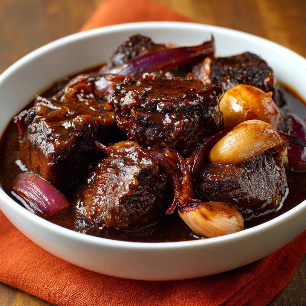 Zartes Rindfleischgulasch mit Rotzwiebeln und Knoblauch als Nahaufnahme in einer weißen Schüssel.