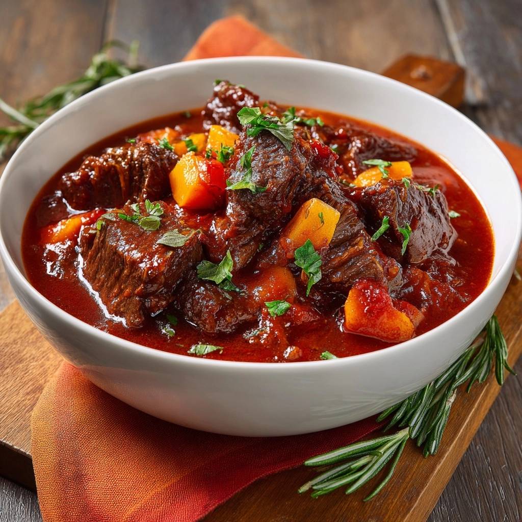 Zartes Rindfleischgulasch mit Karotten und Tomaten, serviert in einer weißen Schüssel, garniert mit frischer Petersilie.