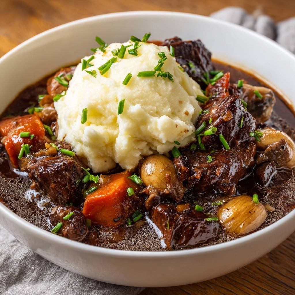 Zartes Rindfleischragout mit cremigem Kartoffelpüree, garniert mit frischen Schnittlauchringen in einer weißen Schüssel.