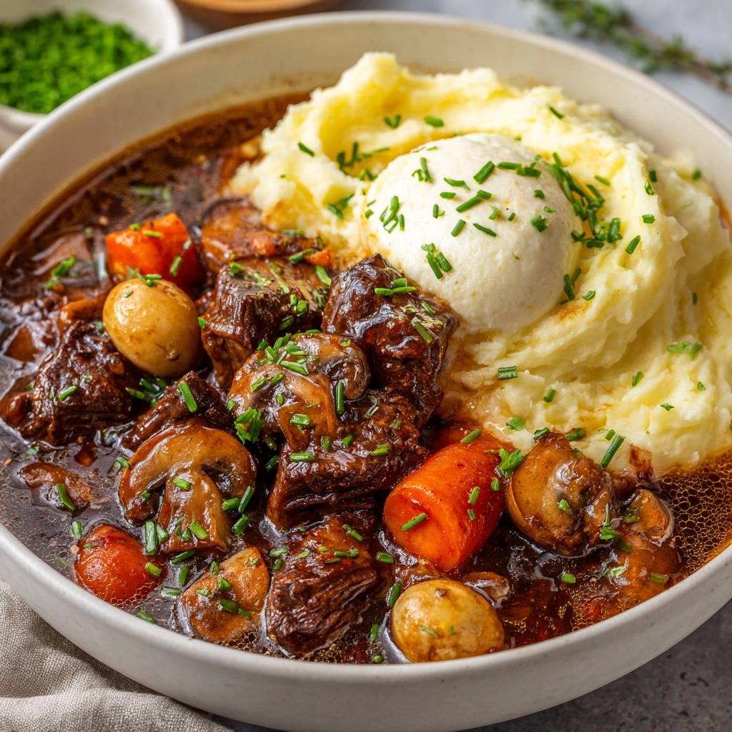 Zartes Rindfleischragout mit cremigem Kartoffelpüree, nahaufnahme mit frischer Petersilie garniert und Pilzen und Karotten.