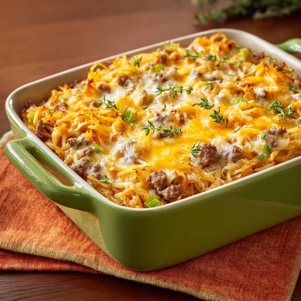 Knuspriger Röstkartoffel-Hack-Auflauf Rezept, frisch gebackener Auflauf mit geschmolzenem Käse und Kräutern garniert