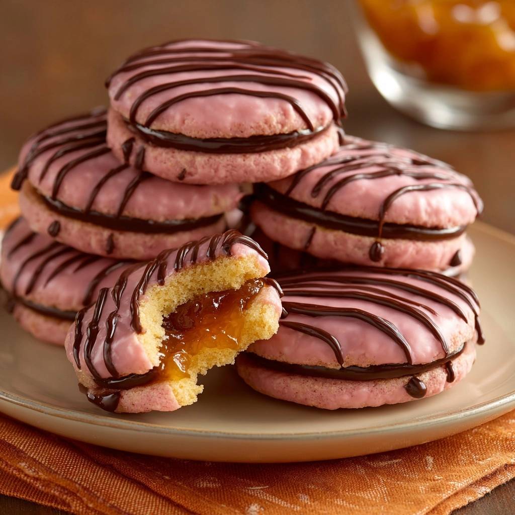 Rosa Marmeladen-Linzer mit Schoko-Streifen angeschnitten, mit saftiger Marmeladenfüllung in der Mitte sichtbar.