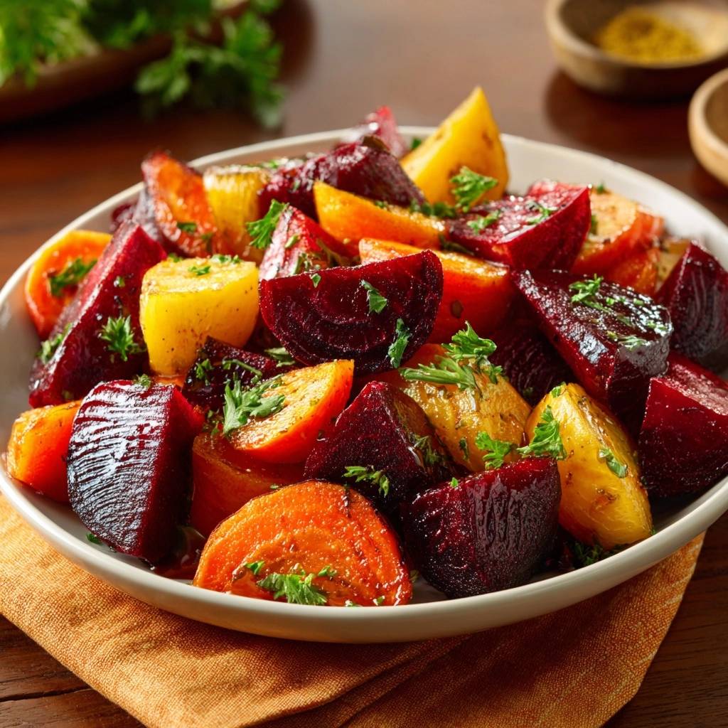 Knuspriges geröstetes Rote-Bete-Gemüse, eine Nahaufnahme von gewürfelten und gerösteten Rote Bete, garniert mit frischer Petersilie.