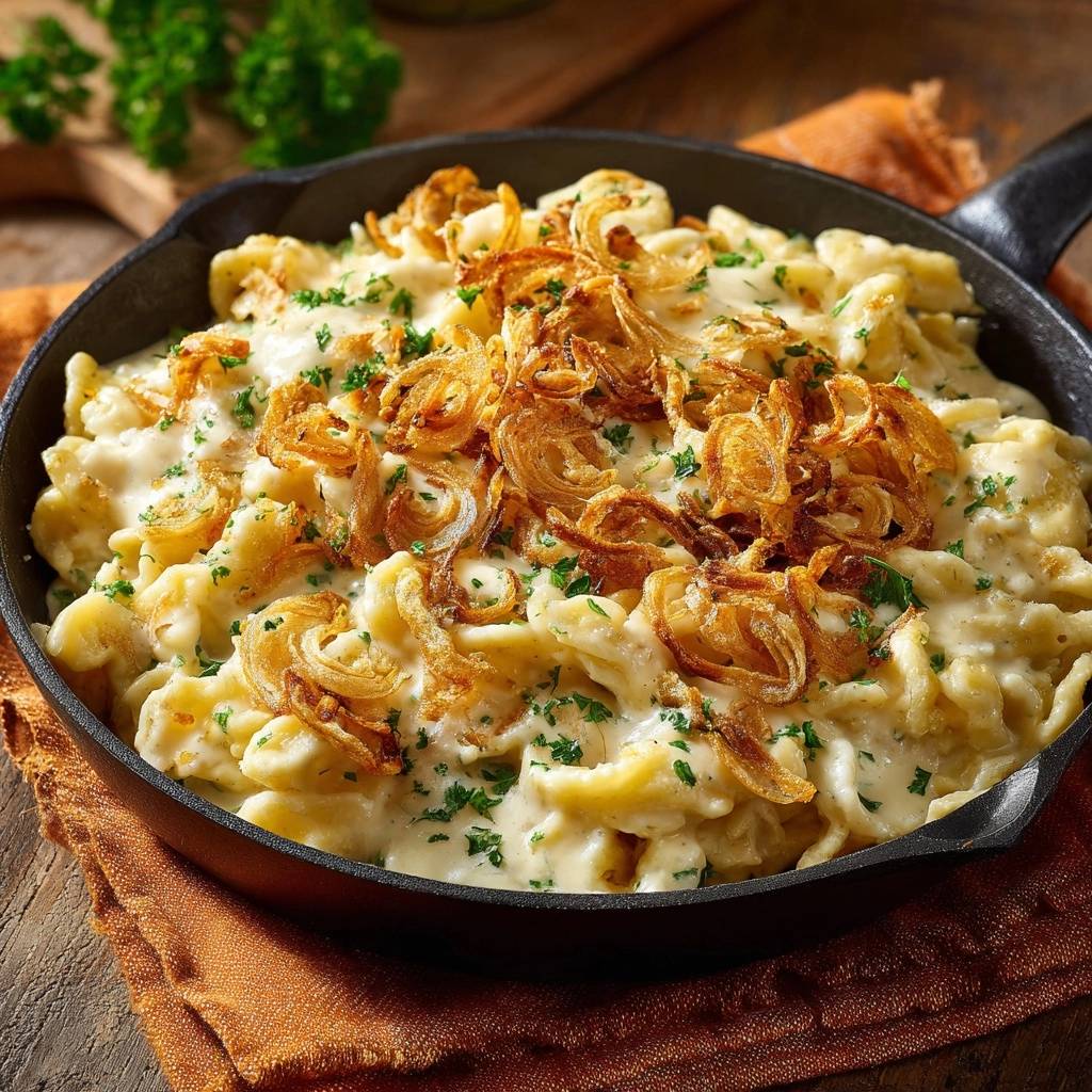 Rustikale Käsespätzle mit knusprigen Zwiebeln und Petersilie in einer gusseisernen Pfanne serviert
