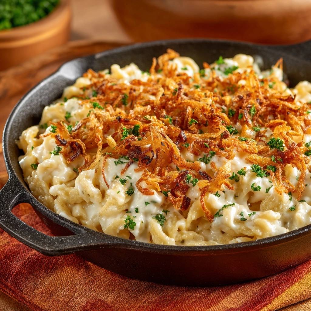 Rustikale Käsespätzle mit knusprigen Zwiebeln, serviert in einer rustikalen Gusseisenpfanne, garniert mit Petersilie.