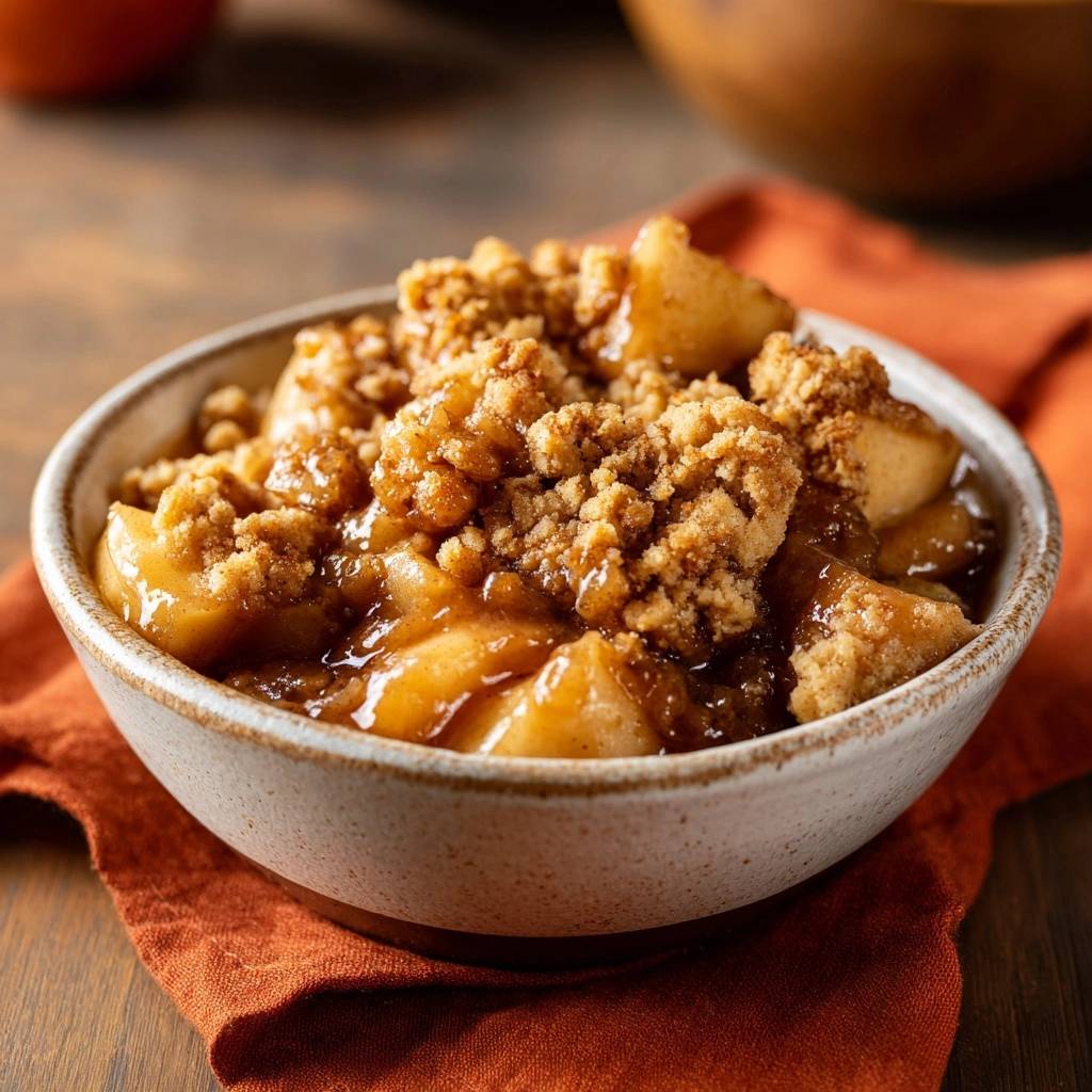 Rustikaler Apfelcrumble mit saftigen Äpfeln und einer knusprigen Streuselhaube, Nahaufnahme der Textur.