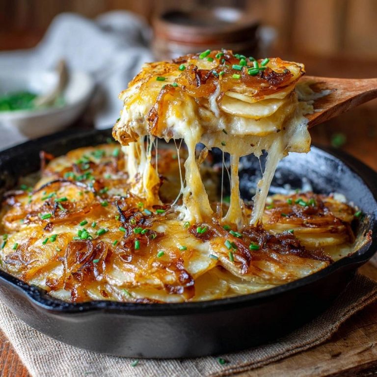 Rustikaler Pfannen-Kartoffelgratin mit Zwiebeln – cremig, wird mit einem Holzlöffel angehoben und zeigt geschmolzenen Käse.