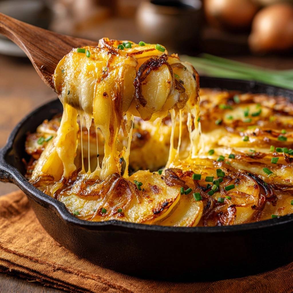 Rustikaler Pfannen-Kartoffelgratin mit Zwiebeln – cremig, mit geschmolzenem Käse, der beim Anheben Fäden zieht.