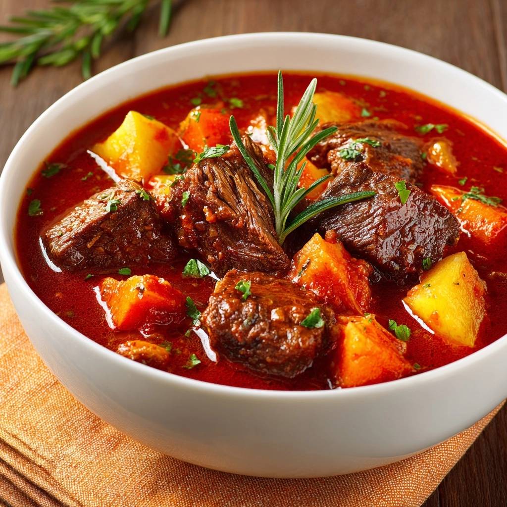 Rustikales Rindergulasch mit Kartoffeln, detailnah in einer weißen Schüssel mit frischem Rosmarin garniert.