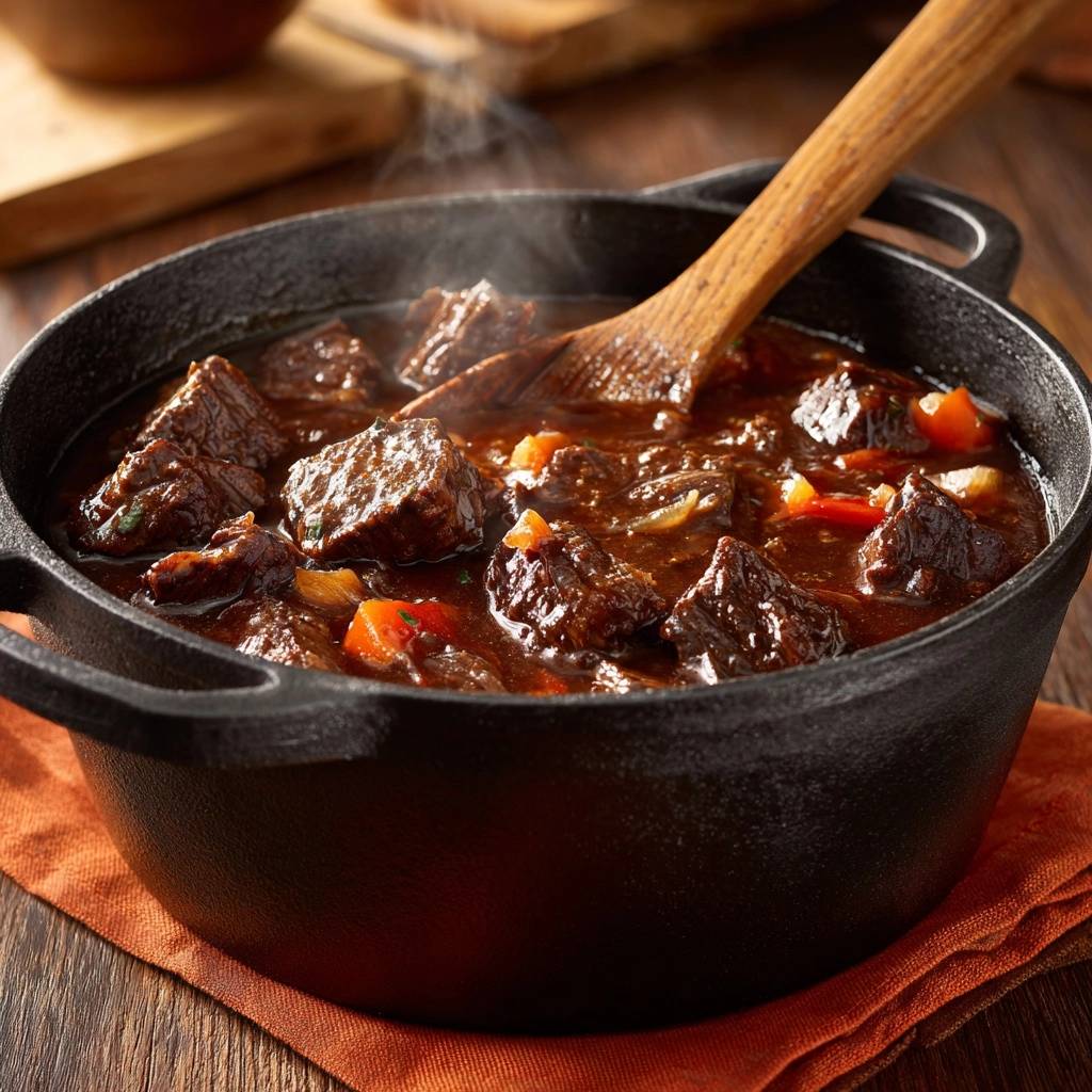 Rustikales Rindergulasch mit dampfenden Fleischstücken, das in einem schwarzen Gusseisentopf serviert wird.