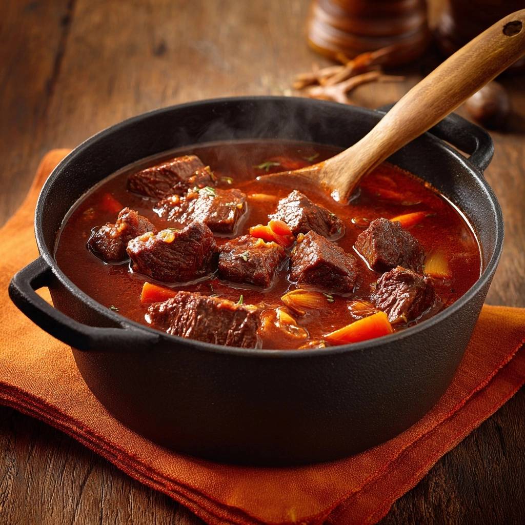 Rustikales Rindergulasch heiss und dampfend in einem schwarzen Topf mit einem Holzlöffel serviert